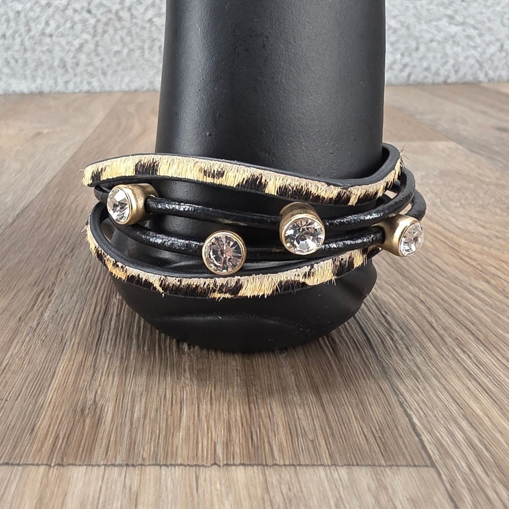 Calf Hair Leather Wrap Bracelet Rhinestone Magnetic Clasp Gold Tone